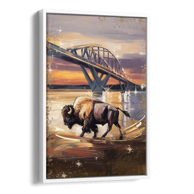 Buffalo Peace Bridge Glow Side - White Canvas Wall Art