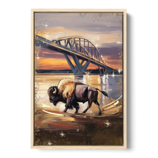 Buffalo Peace Bridge Glow - Oak Framed Canvas Wall Art - Front