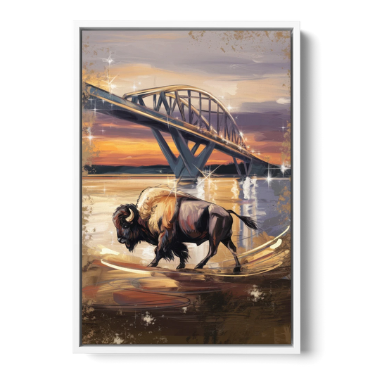 Buffalo Peace Bridge Glow - White Framed Canvas Wall Art - Front