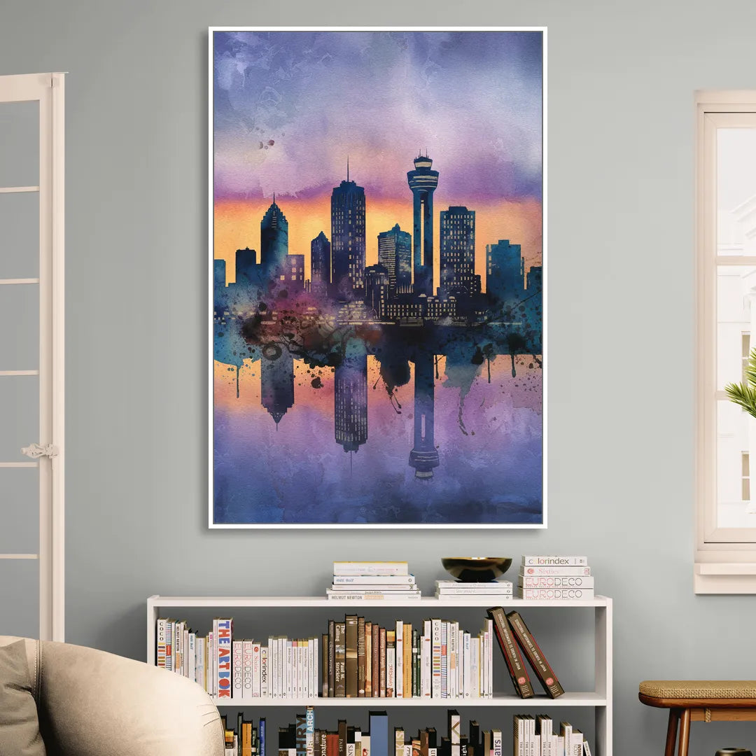 Buffalo Skyline Twilight Living Room - White Canvas Wall Art
