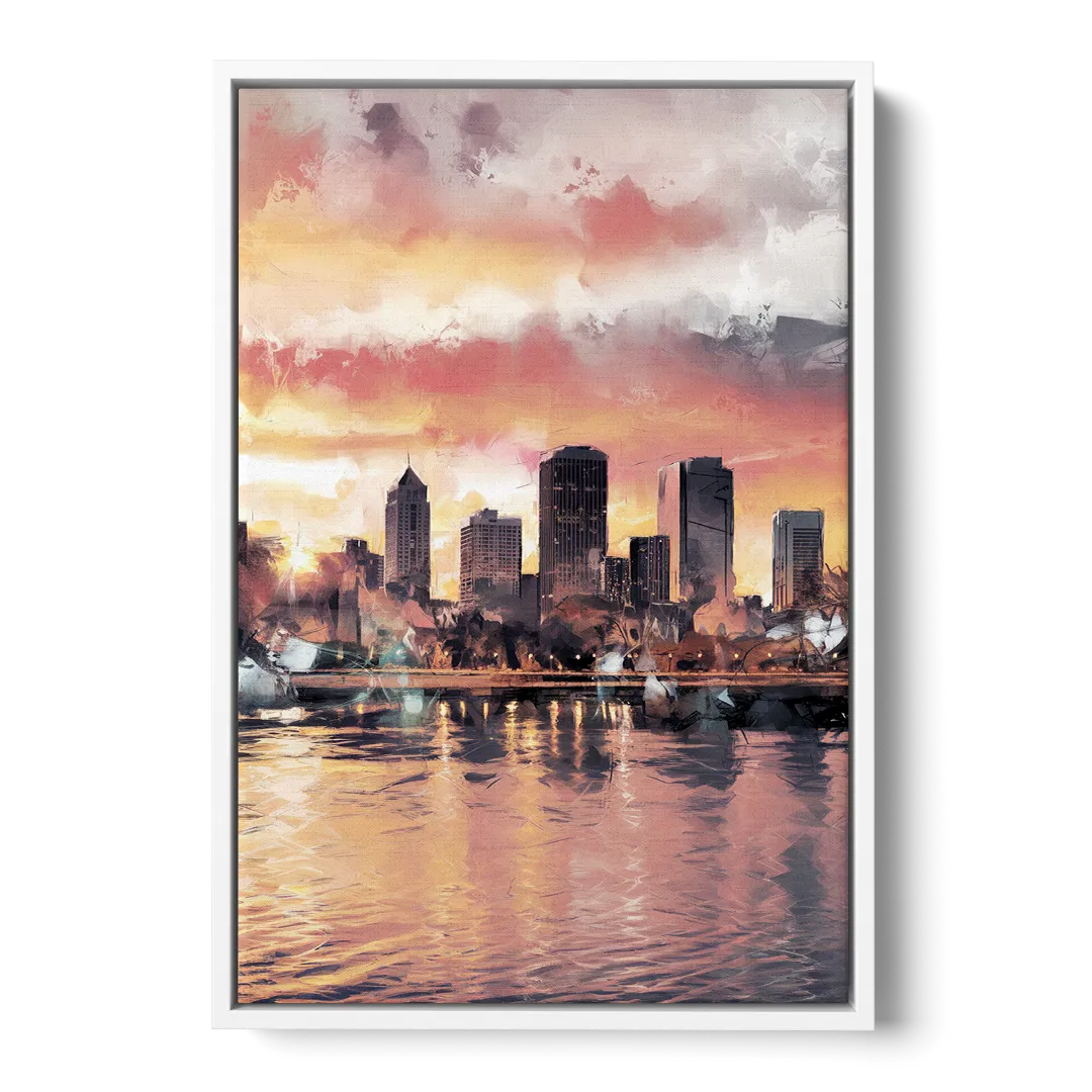 Buffalo Skyline at Sunset Front - White Canvas Wall Art