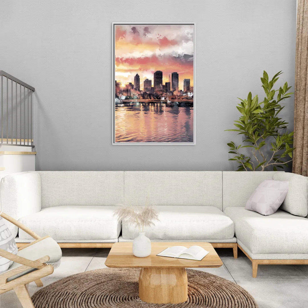 Buffalo Skyline at Sunset - Living Room White Frame Canvas