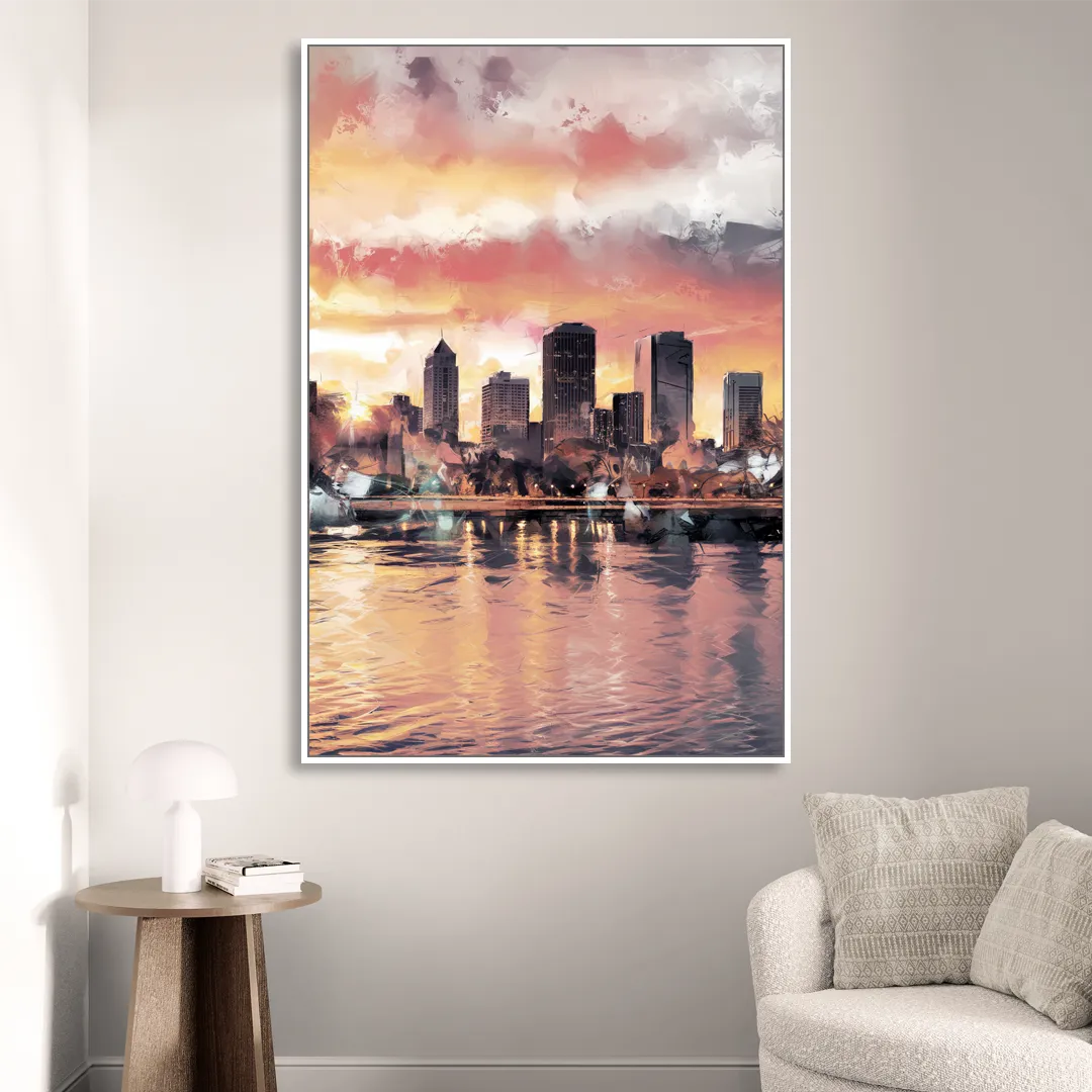Buffalo Skyline at Sunset Living Room - White Canvas Wall Art
