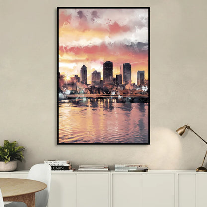Buffalo Skyline at Sunset Living Room - Black Canvas Wall Art