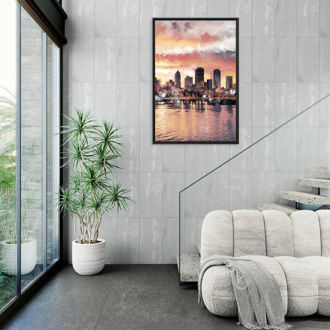 Buffalo Skyline at Sunset - Living Room Black Frame Canvas