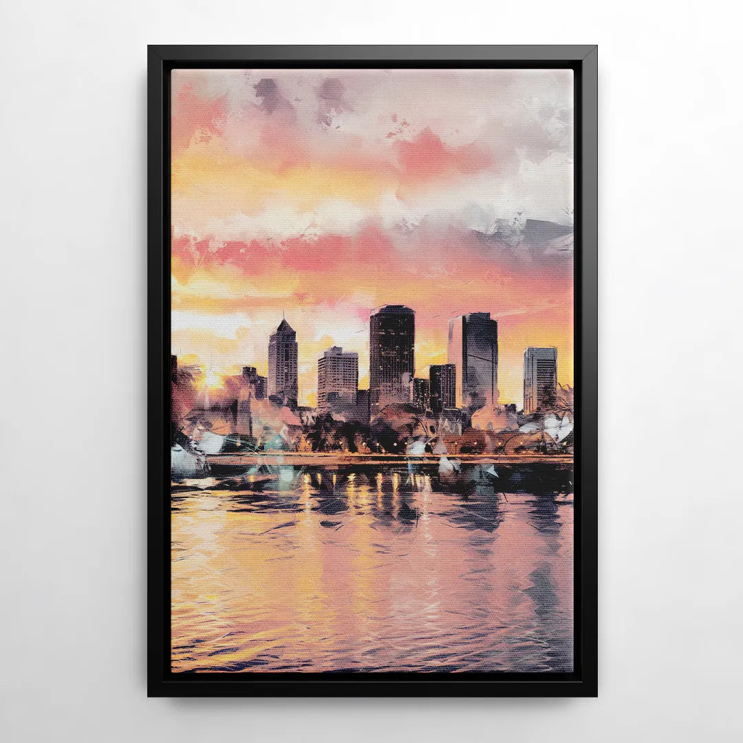 Buffalo Skyline at Sunset - Black Frame Canvas