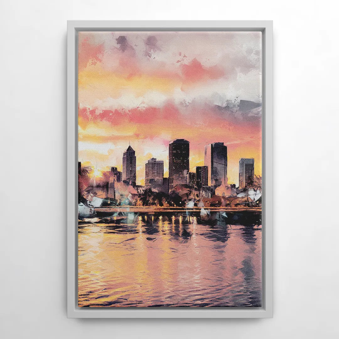 Buffalo Skyline at Sunset - White Frame Canvas
