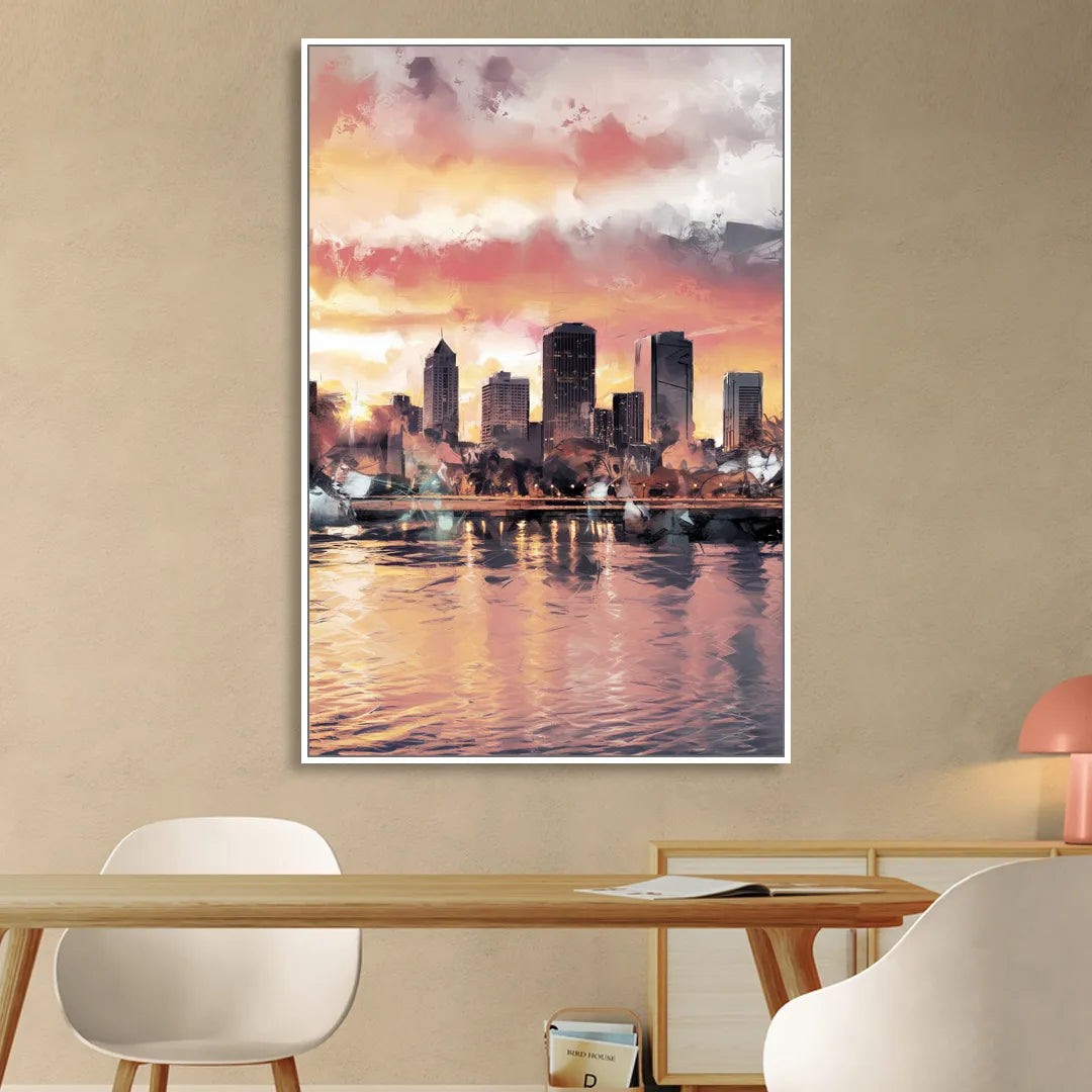 Buffalo Skyline at Sunset Sitting Room - White Canvas Wall Art