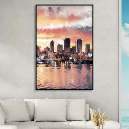 Buffalo Skyline at Sunset Sitting Room - Black Canvas Wall Art
