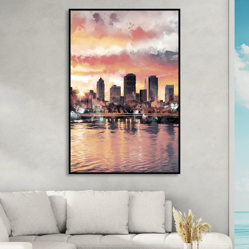 Buffalo Skyline at Sunset Sitting Room - Black Canvas Wall Art