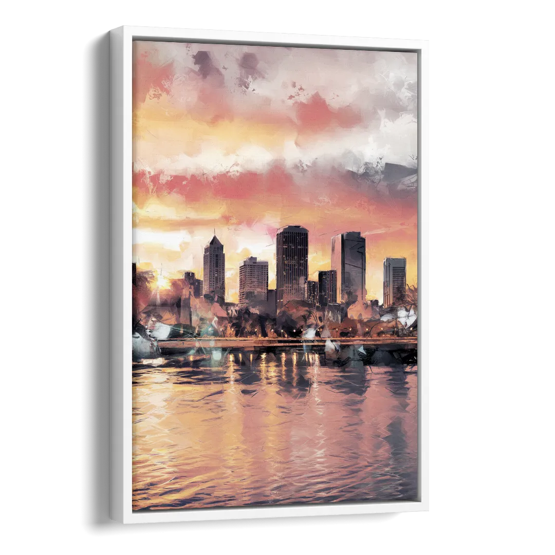 Buffalo Skyline at Sunset Side - White Canvas Wall Art