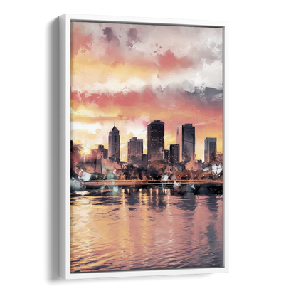 Buffalo Skyline at Sunset Side - White Canvas Wall Art