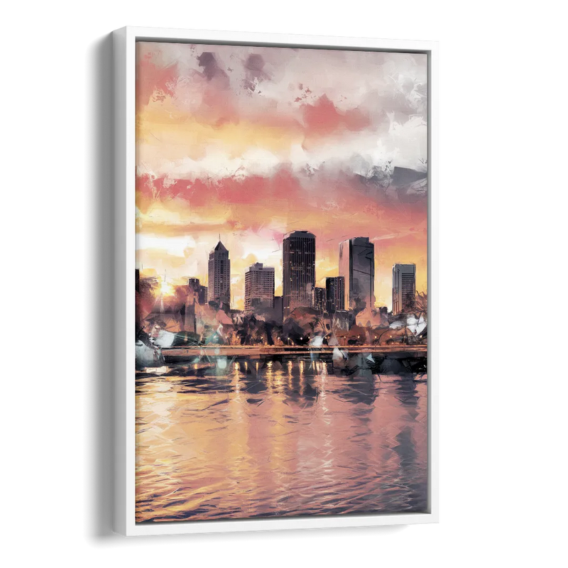 Buffalo Skyline at Sunset Side - White Canvas Wall Art