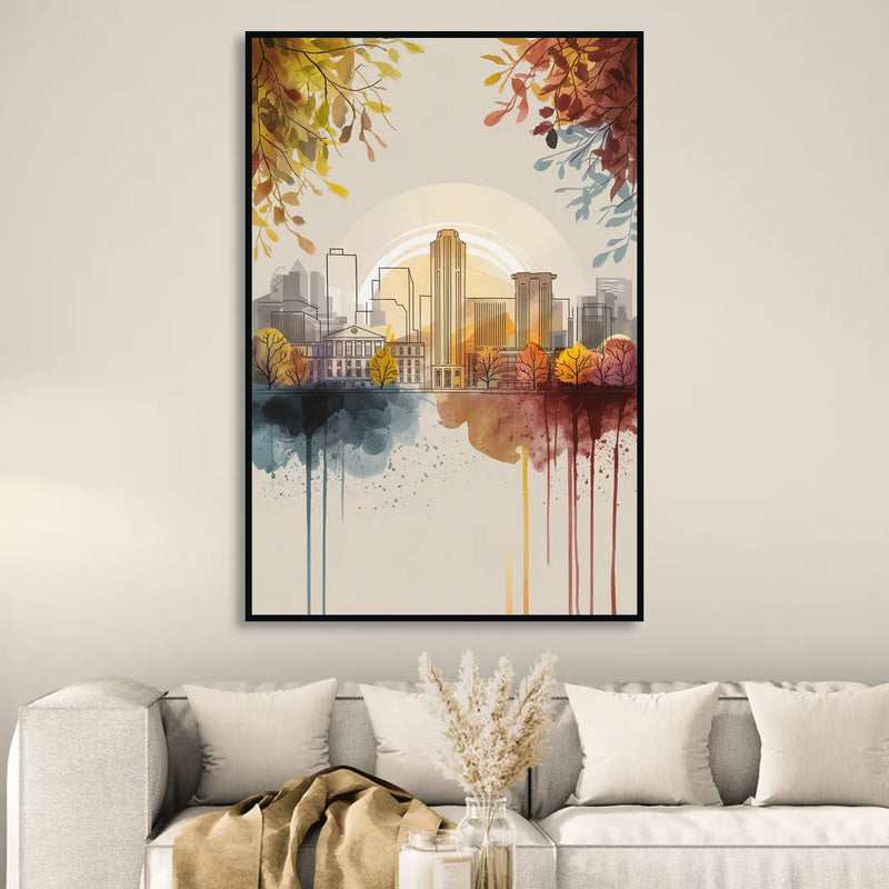 Buffalo Skyline in Autumn Sitting Room - Black Canvas Wall Art