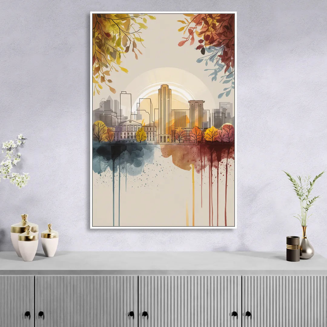 Buffalo Skyline in Autumn Sitting Room - White Canvas Wall Art