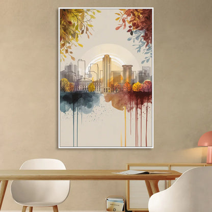 Buffalo Skyline in Autumn Living Room - White Canvas Wall Art