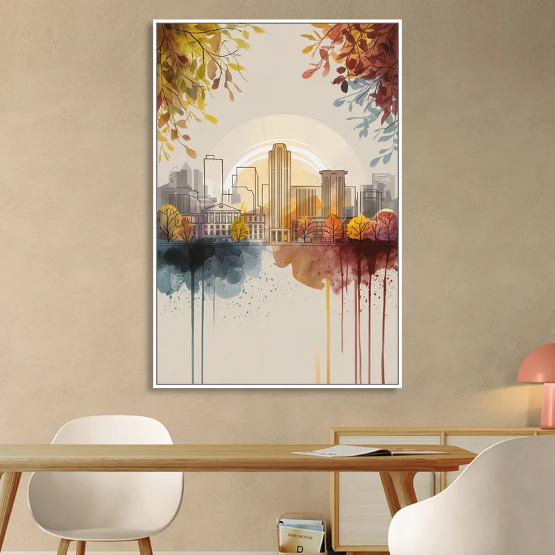 Buffalo Skyline in Autumn Living Room - White Canvas Wall Art