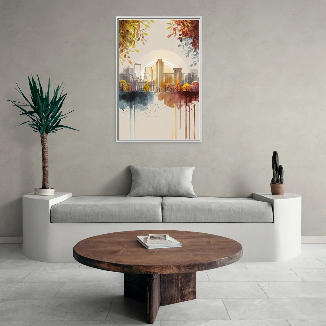 Buffalo Skyline in Autumn - Living Room White Frame Canvas
