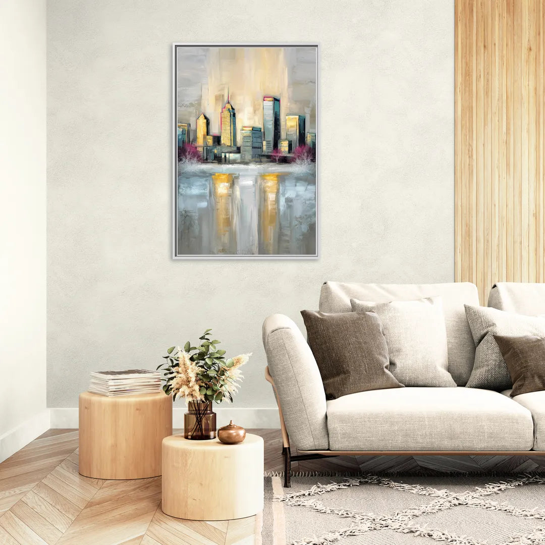 Buffalo Skyline in Winter - Living Room White Frame Canvas