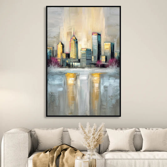 Buffalo Skyline in Winter Living Room - Black Canvas Wall Art