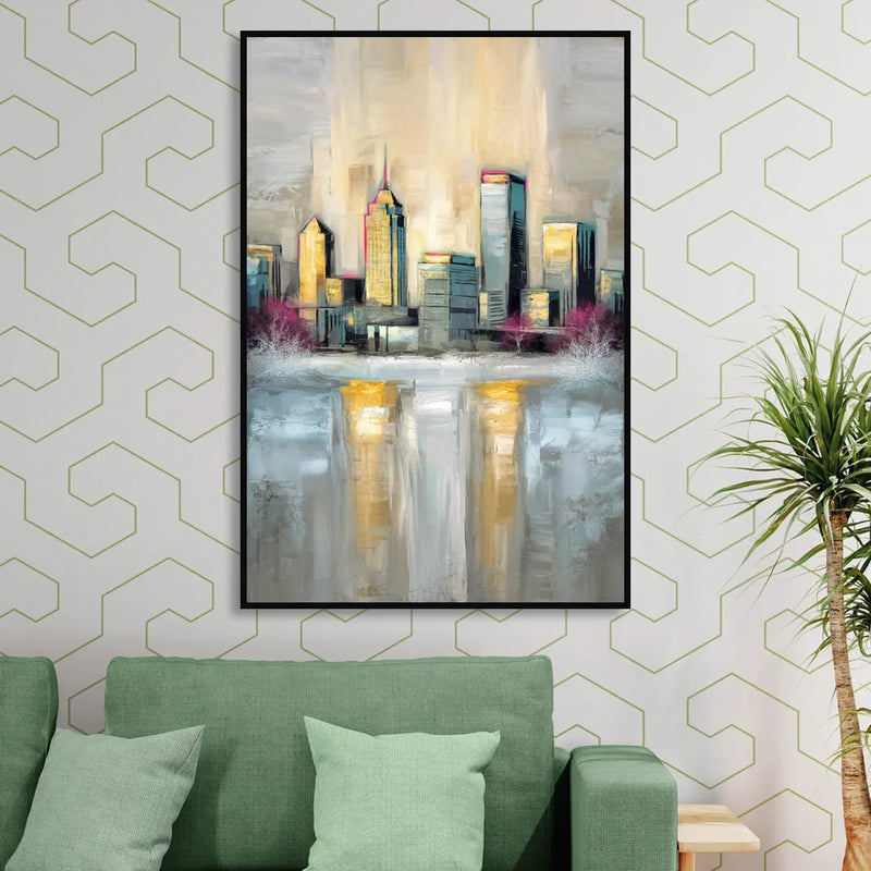 Buffalo Skyline in Winter Sitting Room - Black Canvas Wall Art