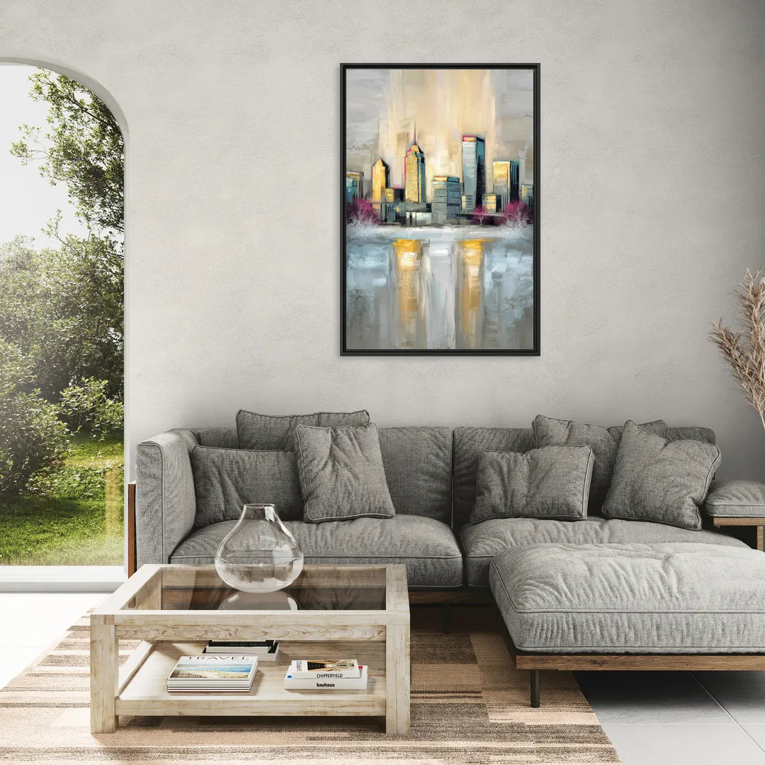 Buffalo Skyline in Winter - Living Room Black Frame Canvas