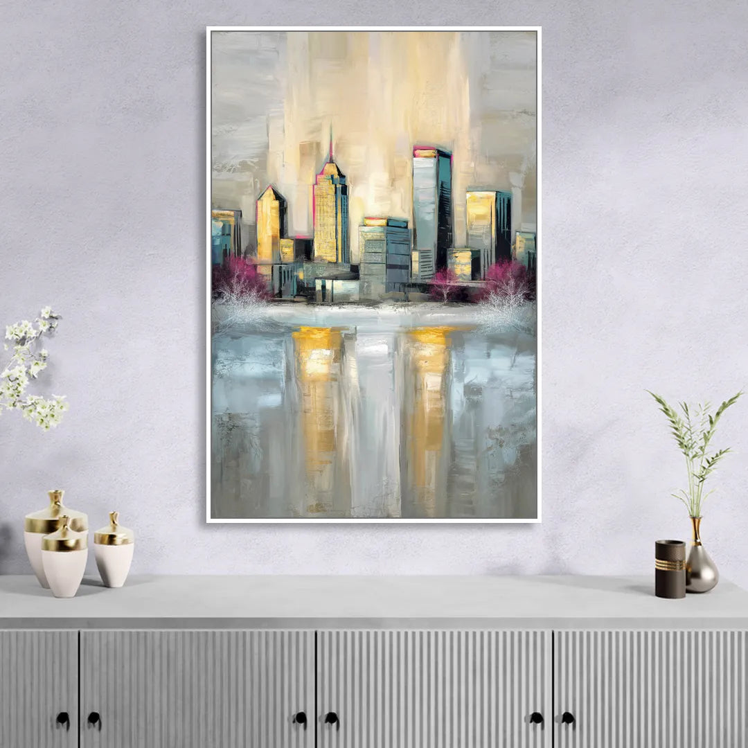 Buffalo Skyline in Winter Living Room - White Canvas Wall Art