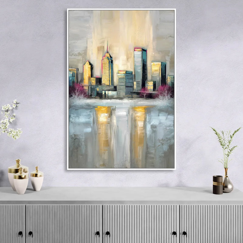 Buffalo Skyline in Winter Living Room - White Canvas Wall Art