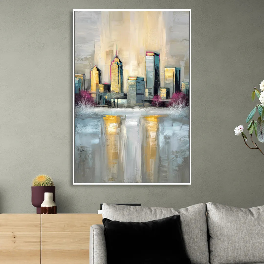 Buffalo Skyline in Winter Sitting Room - White Canvas Wall Art
