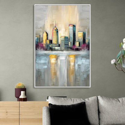 Buffalo Skyline in Winter Sitting Room - White Canvas Wall Art