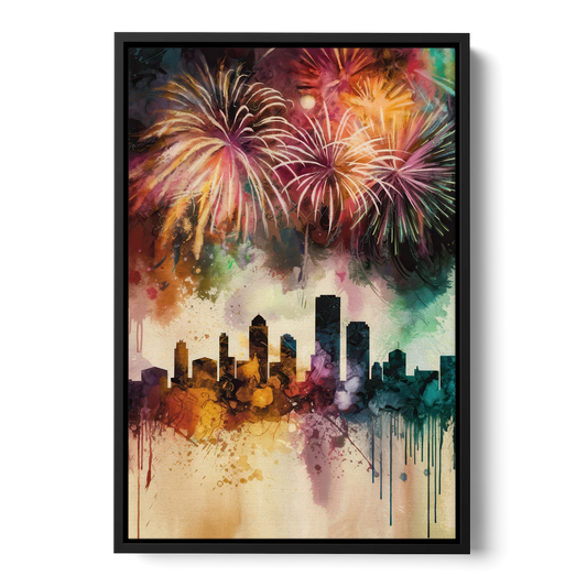 Buffalo Skyline with Fireworks - Black Framed Canvas Wall Art - Front