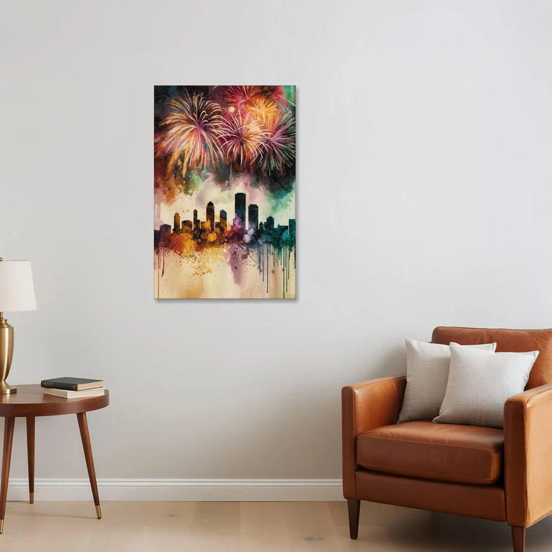 Buffalo Skyline with Fireworks - Canvas Wall Art - Sofa - 24x36