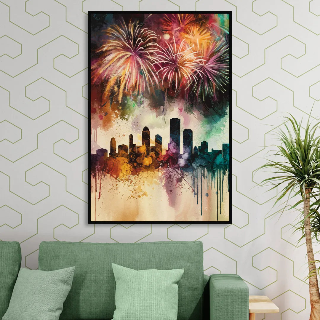 Buffalo Skyline with Fireworks Living Room - Black Canvas Wall Art