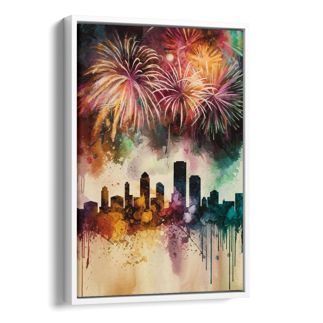 Buffalo Skyline with Fireworks Side - White Canvas Wall Art