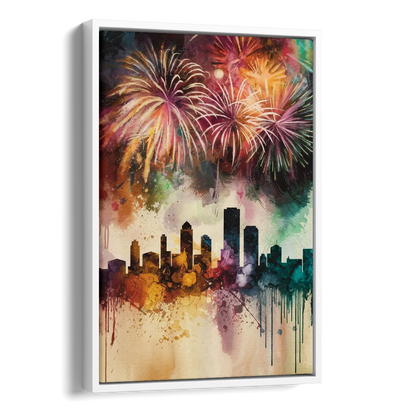 Buffalo Skyline with Fireworks Side - White Canvas Wall Art