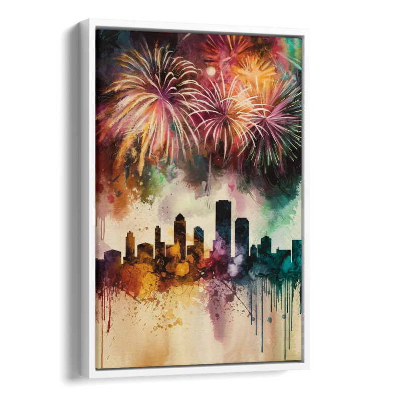 Buffalo Skyline with Fireworks Side - White Canvas Wall Art