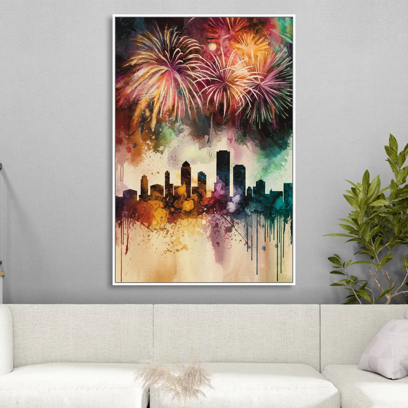 Buffalo Skyline with Fireworks Sitting Room - White Canvas Wall Art