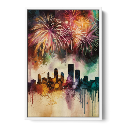 Buffalo Skyline with Fireworks Front - White Canvas Wall Art