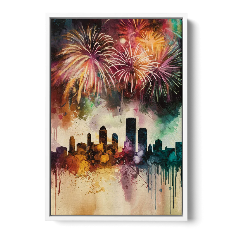 Buffalo Skyline with Fireworks Front - White Canvas Wall Art