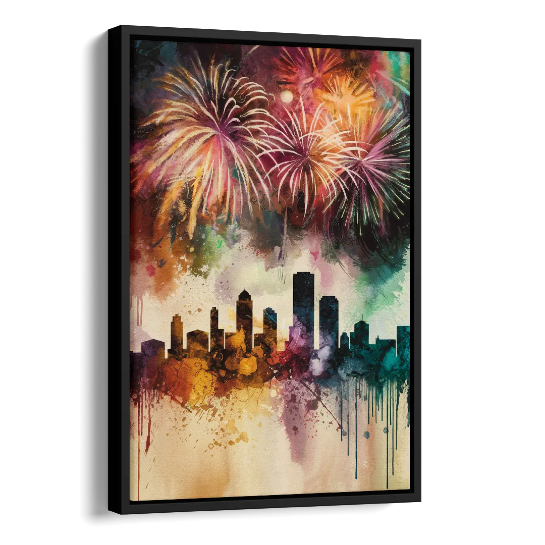 Buffalo Skyline with Fireworks Side - Black Canvas Wall Art