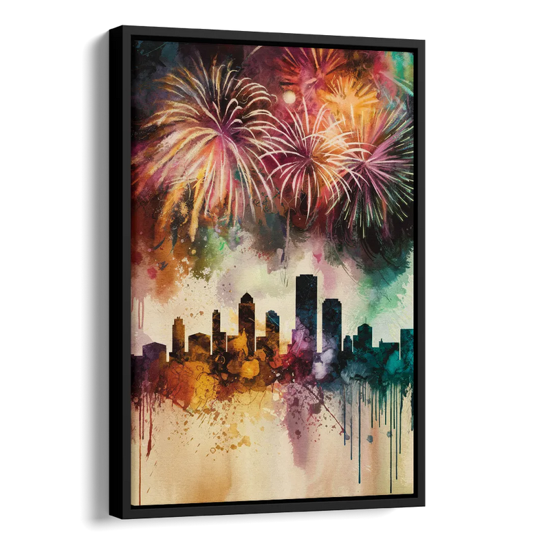 Buffalo Skyline with Fireworks Side - Black Canvas Wall Art