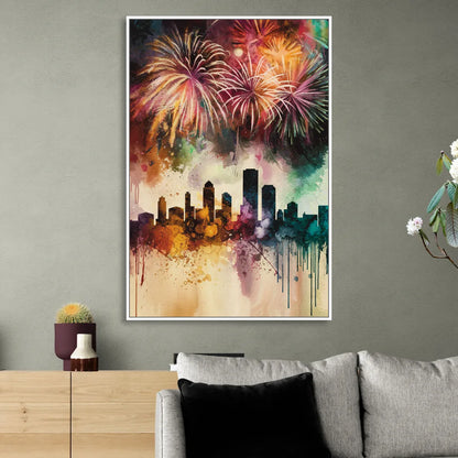 Buffalo Skyline with Fireworks Living Room - White Canvas Wall Art