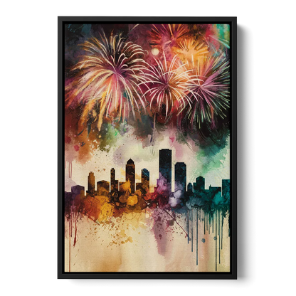 Buffalo Skyline with Fireworks Front - Black Canvas Wall Art