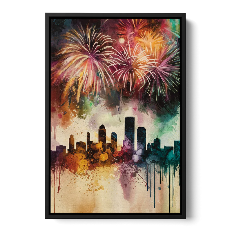 Buffalo Skyline with Fireworks Front - Black Canvas Wall Art
