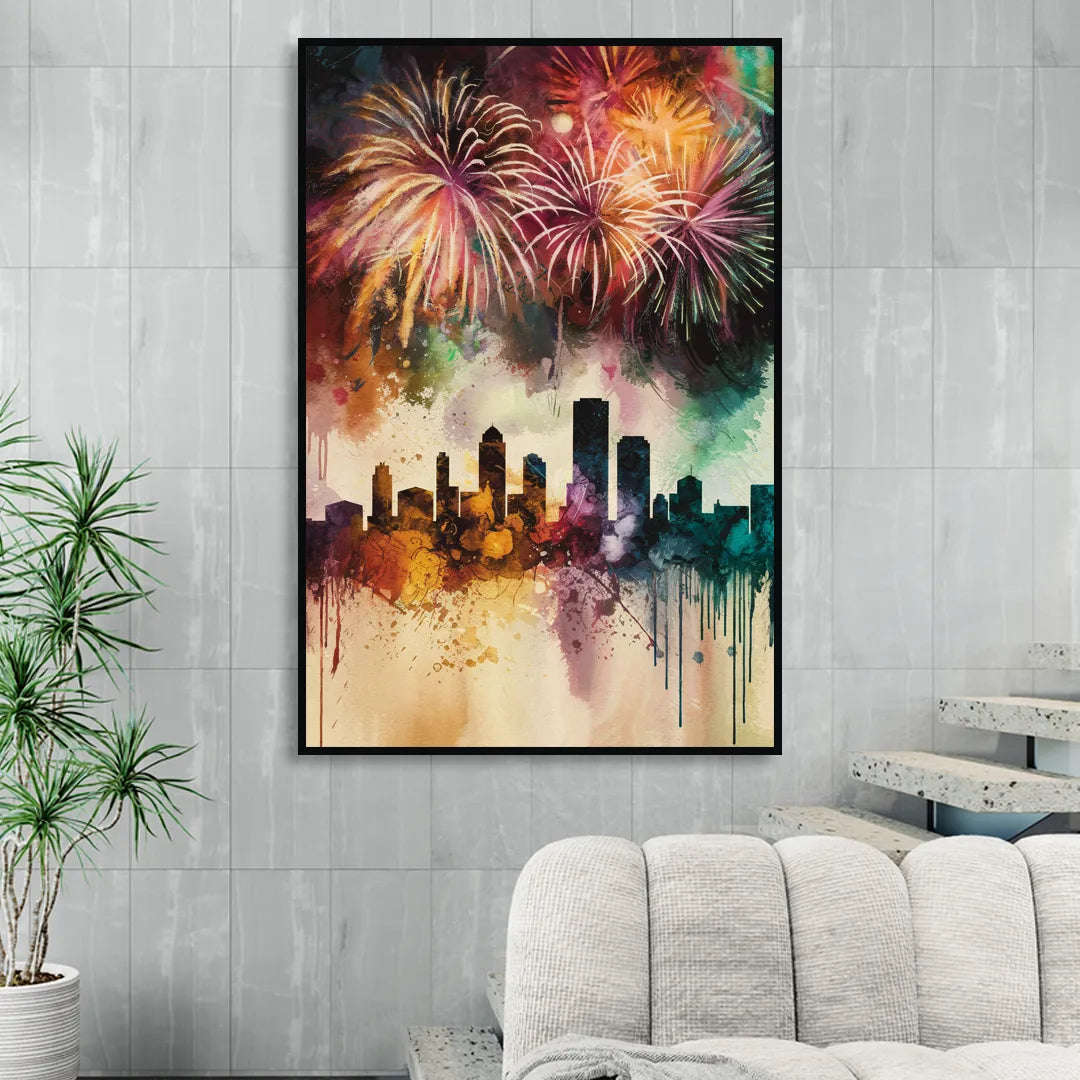 Buffalo Skyline with Fireworks Sitting Room - Black Canvas Wall Art