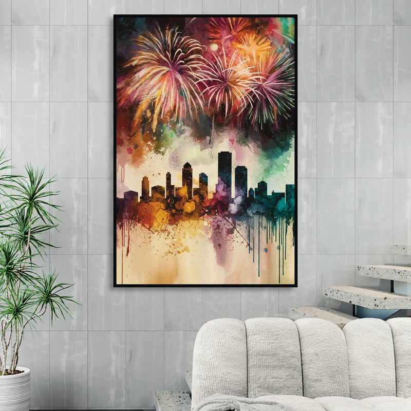 Buffalo Skyline with Fireworks Sitting Room - Black Canvas Wall Art
