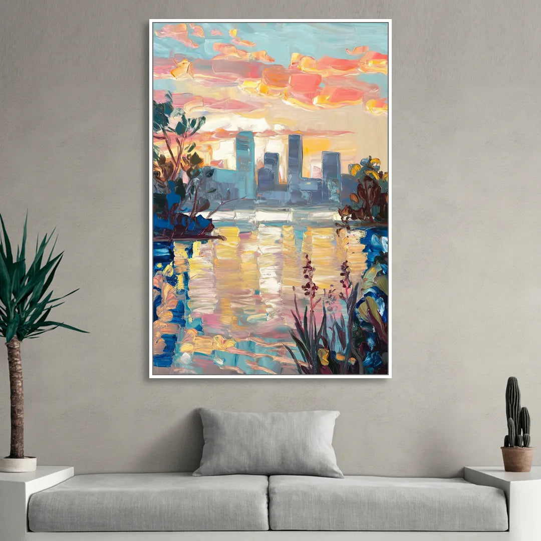 Buffalo Waterfront Sunrise Sitting Room - White Canvas Wall Art