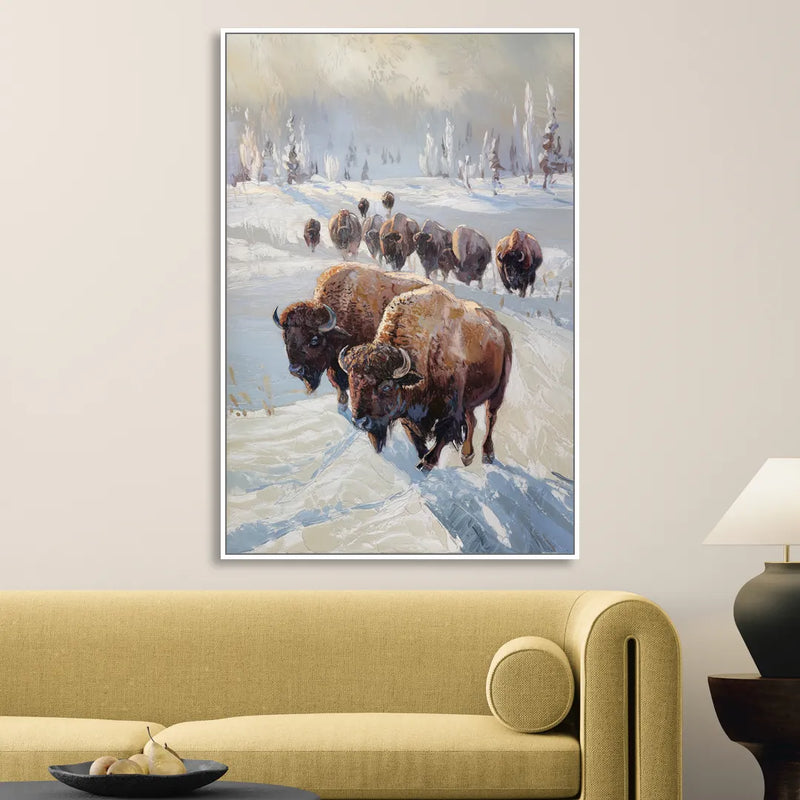 Buffalo Winter Wonderland Living Room - White Canvas Wall Art