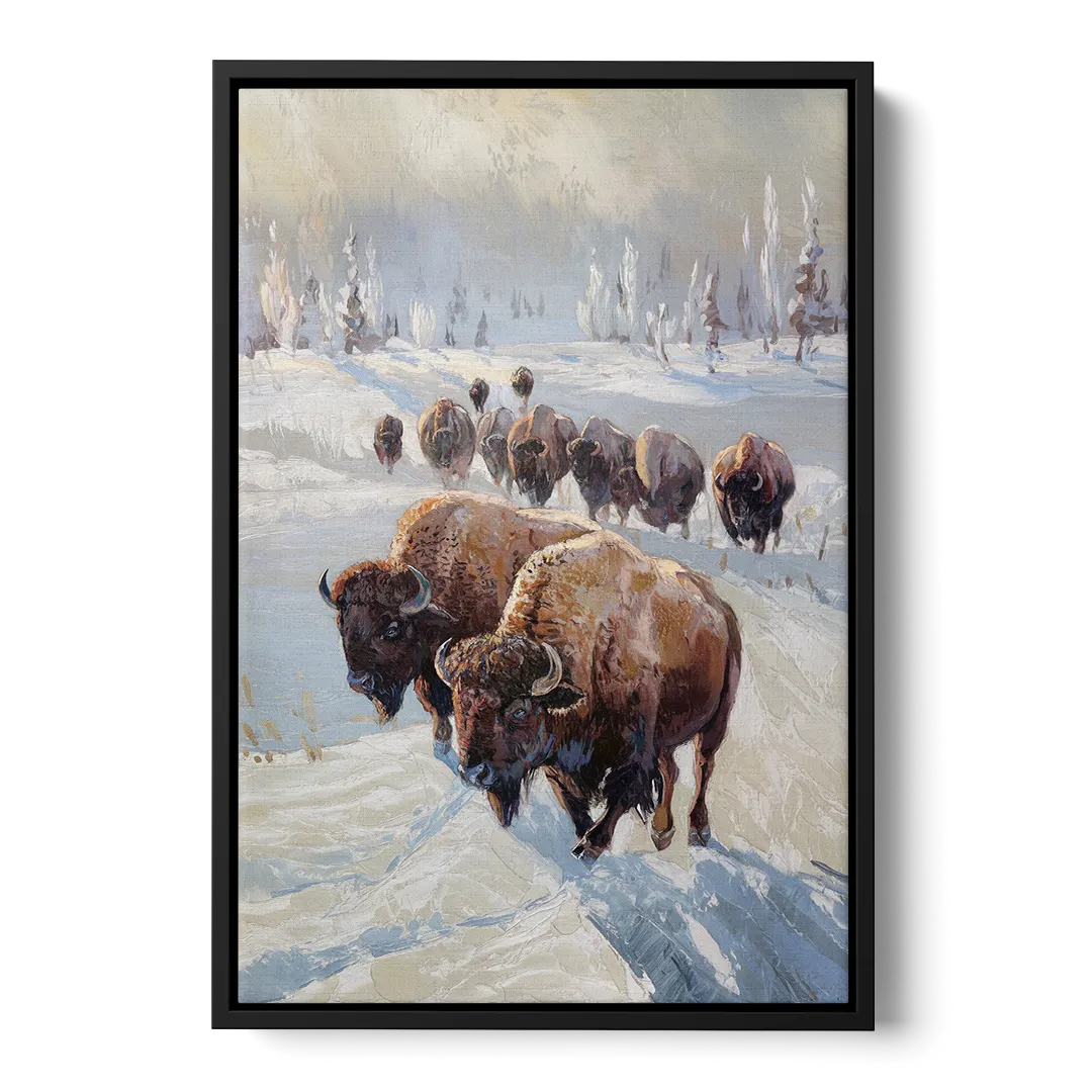 Buffalo Winter Wonderland Front - Black Canvas Wall Art