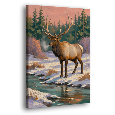 Bull Elk at the Snowy Creek in Winter - Canvas Wall Art - Side